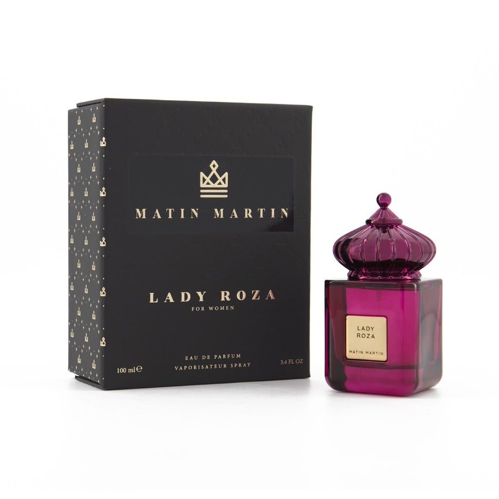 Lady Roza, Expertly blended by Matin Martin, is a decidedly feminine floral bouquet. Dominated by romantic Turkish rose, accompanied by facets of lily of the valley and peony, the scent transcends into a fruity blend of lychee and rhubarb set off by nutmeg for added power and vivacity.  In the base, vanilla, white musks and frankincense create depth and mystery.